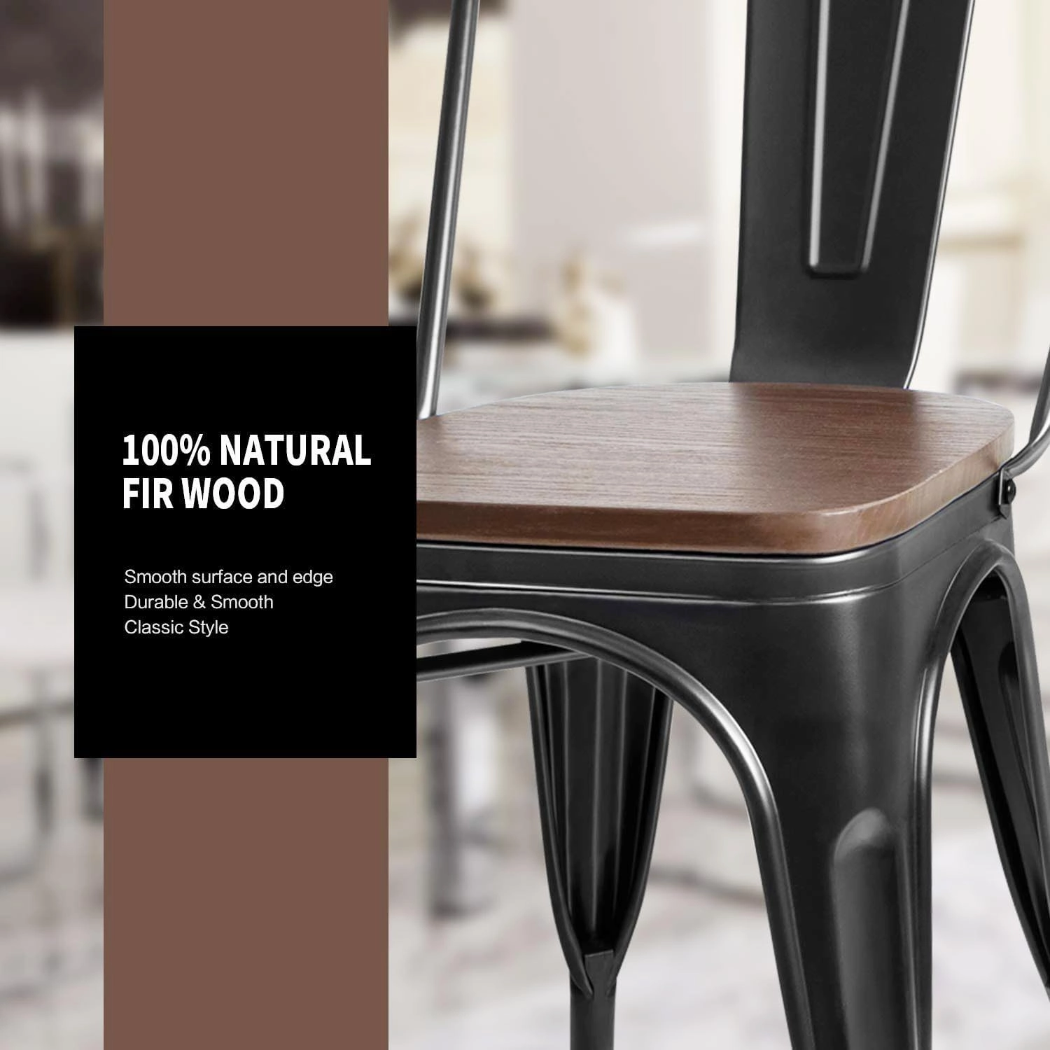 Furniwell Metal Dining Chairs with Wood Seat, Indoor Outdoor Use Stackable Tolix Industrial Metal Chairs Set of 4 for Kitchen, Dining Room, Bistro and Cafe (Black)