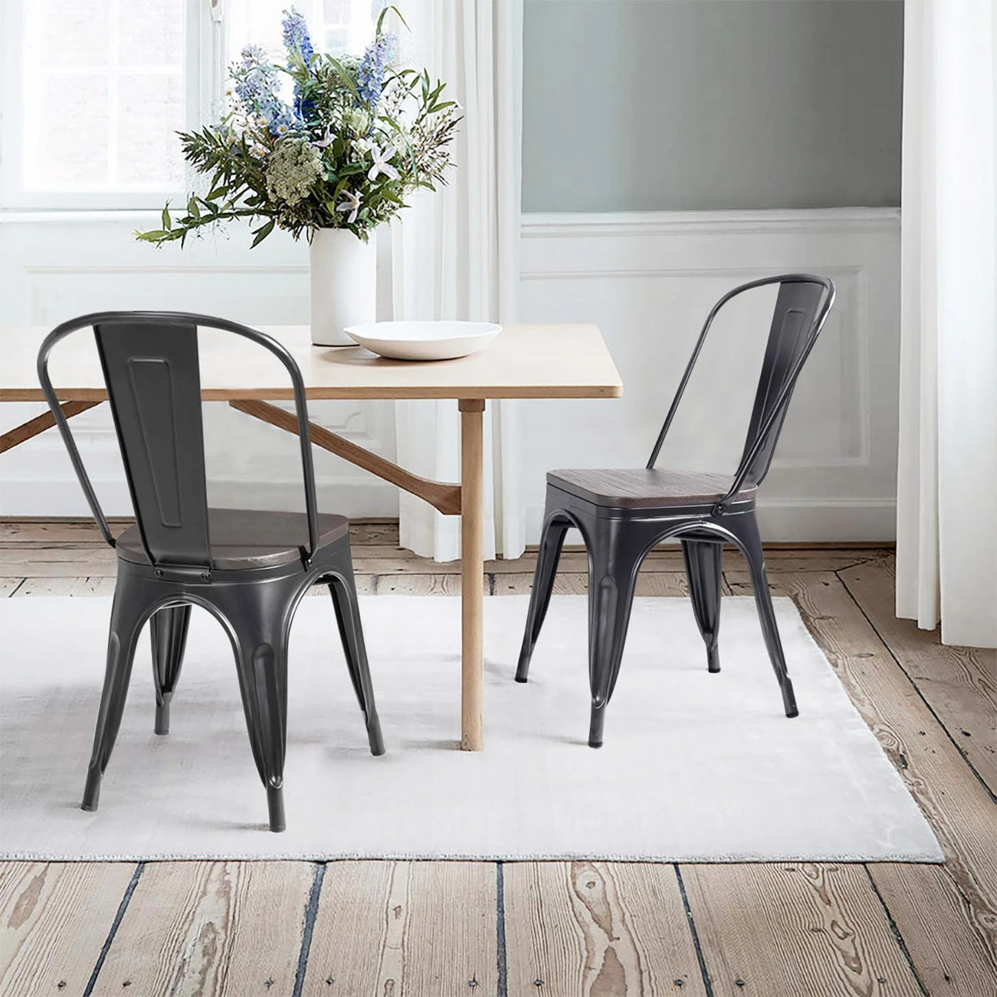 Furniwell Metal Dining Chairs with Wood Seat, Indoor Outdoor Use Stackable Tolix Industrial Metal Chairs Set of 4 for Kitchen, Dining Room, Bistro and Cafe (Black)