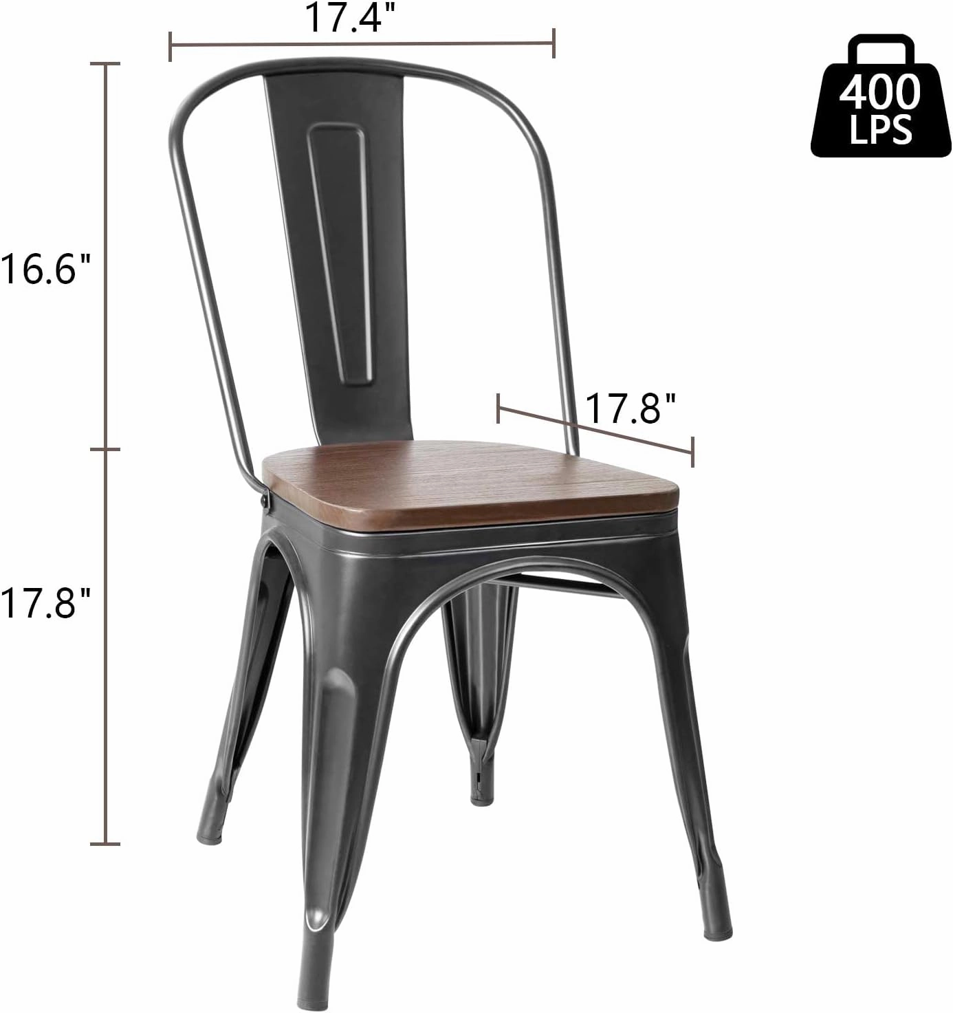 Furniwell Metal Dining Chairs with Wood Seat, Indoor Outdoor Use Stackable Tolix Industrial Metal Chairs Set of 4 for Kitchen, Dining Room, Bistro and Cafe (Black)