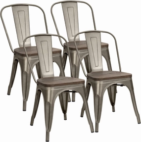 Furniwell Metal Dining Chairs with Wood Seat, Indoor Outdoor Use Stackable Tolix Industrial Metal Chairs Set of 4 for Kitchen, Dining Room, Bistro and Cafe (Gun)