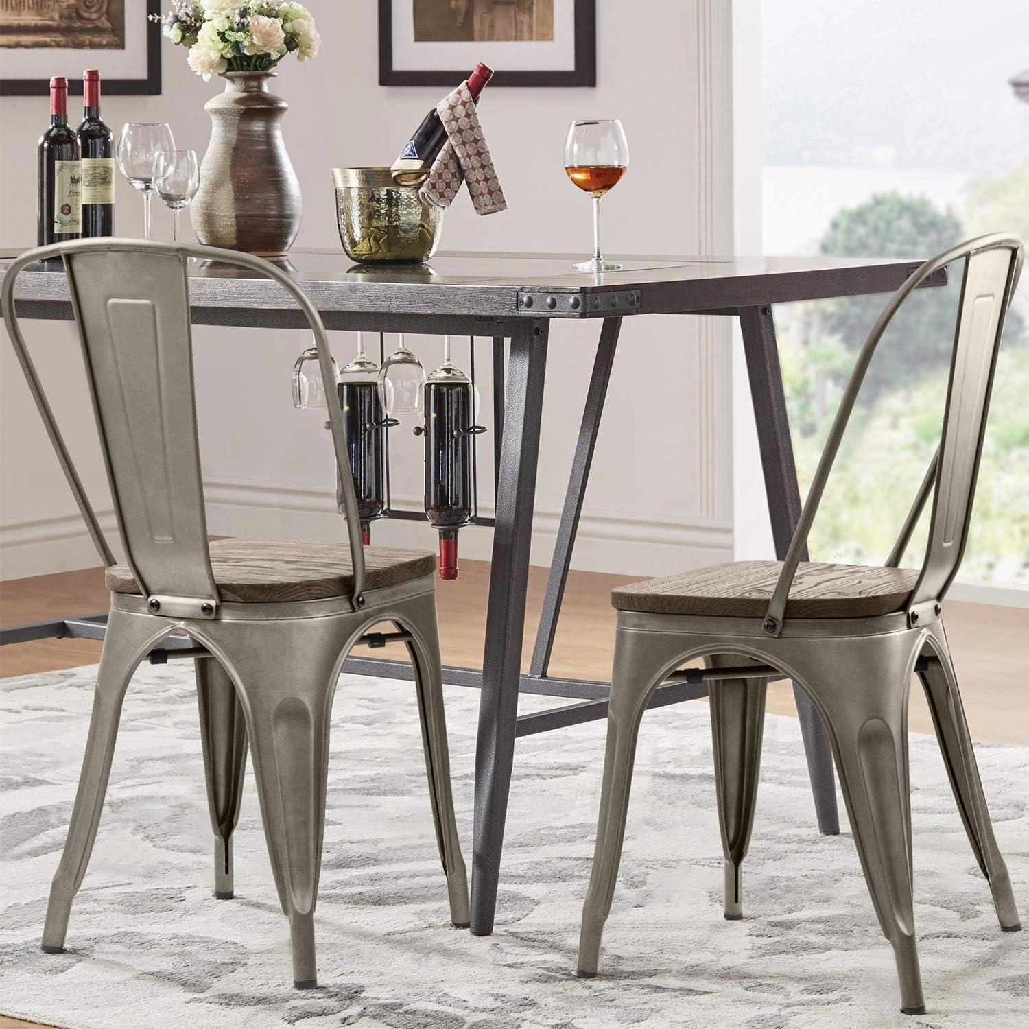 Furniwell Metal Dining Chairs with Wood Seat, Indoor Outdoor Use Stackable Tolix Industrial Metal Chairs Set of 4 for Kitchen, Dining Room, Bistro and Cafe (Gun)