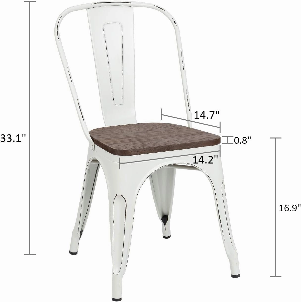 Furniwell Metal Dining Chairs with Wood Seat, Indoor Outdoor Use Stackable Tolix Industrial Metal Chairs Set of 4 for Kitchen, Dining Room, Bistro and Cafe (White)