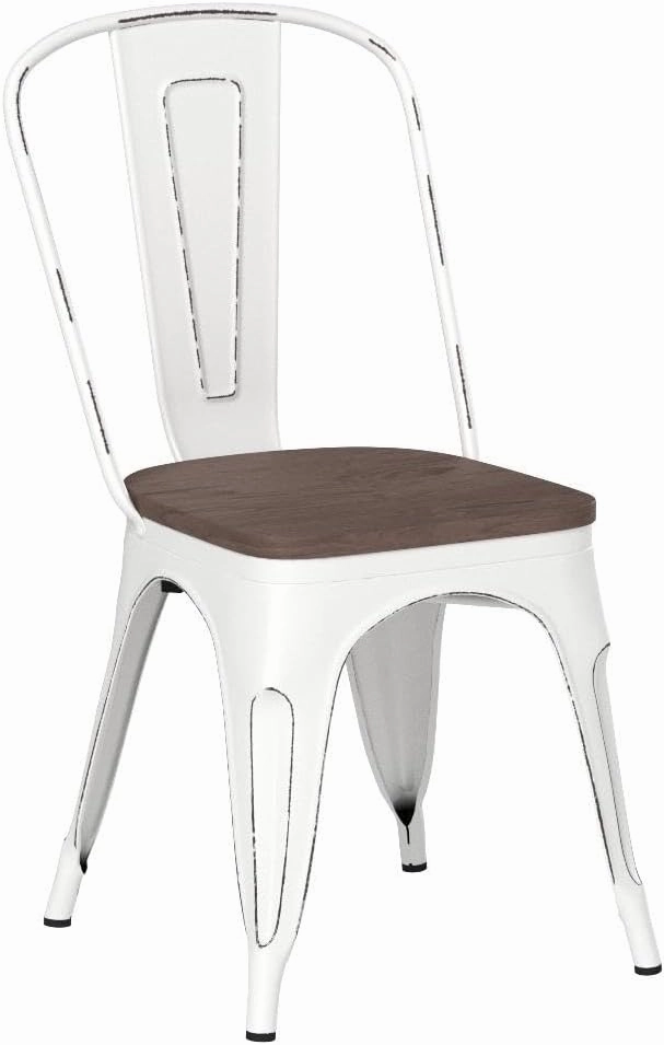 Furniwell Metal Dining Chairs with Wood Seat, Indoor Outdoor Use Stackable Tolix Industrial Metal Chairs Set of 4 for Kitchen, Dining Room, Bistro and Cafe (White)