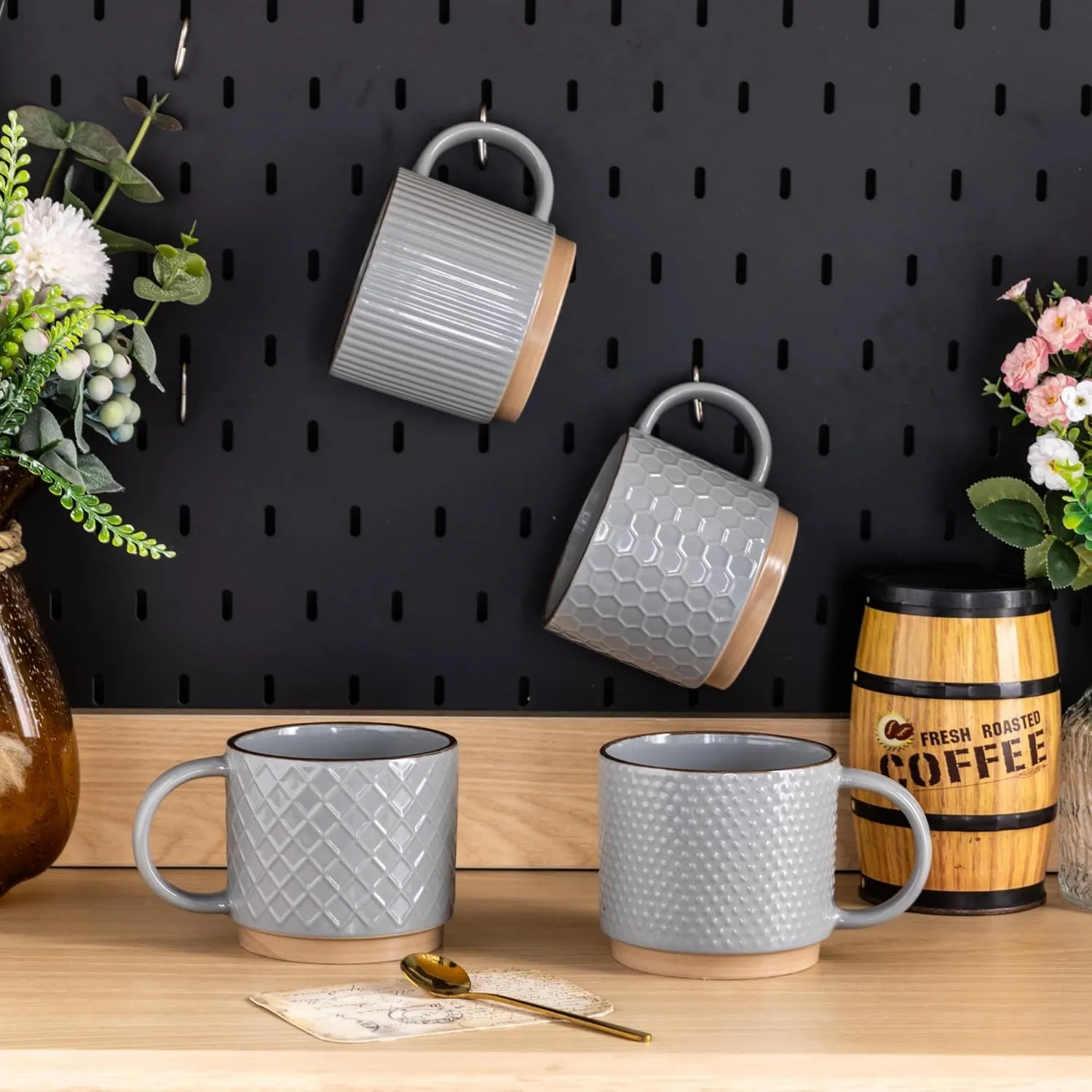 GBHOME 12OZ Stackable Coffee Mugs, Ceramic Coffee Mugs with Texture Patterns for Man,Woman,Dad,Mom, Modern Coffee Cups Set of 4 for Latte/Cappuccino/Cocoa. Dishwasher&Microwave Safe, Gray