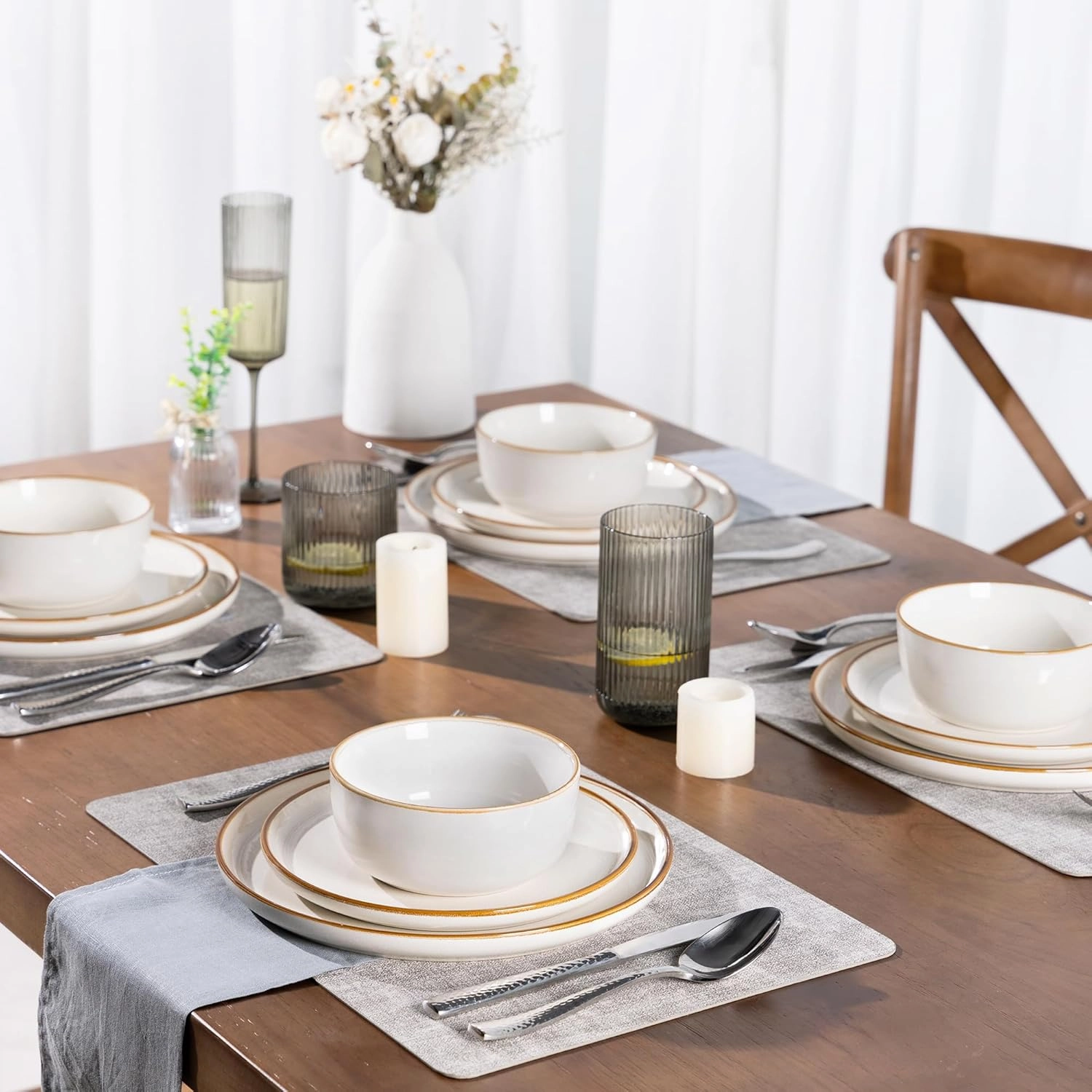 GBHOME Ceramic Dinnerware Sets for 4, 12 Pieces Stoneware Plates and Bowls Sets, Scratch Resistant Dishes, Dishwasher & Microwave Safe, Reactive Glaze-White