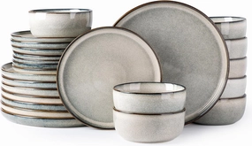 GBHOME Ceramic Dinnerware Sets for 8, 24 Pieces Stoneware Plates and Bowls Sets, Scratch Resistant Dishes, Dishwasher & Microwave Safe, Reactive Glaze-Green Wheat