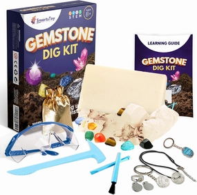 Gemstone Dig Kit - STEM Educational Science Toys - Excavate 12 Real Gems & Crystals - Gemology & Rock Mining Digging DIY Activity - Archaeology Geology Party Favors Gift for Age 3  Boys, Girls, Kids