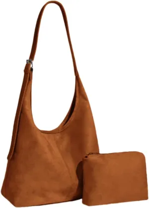 Genuine Suede Hobo Tote Bag for Women - Adjustable Strap Slouchy Office Handbag