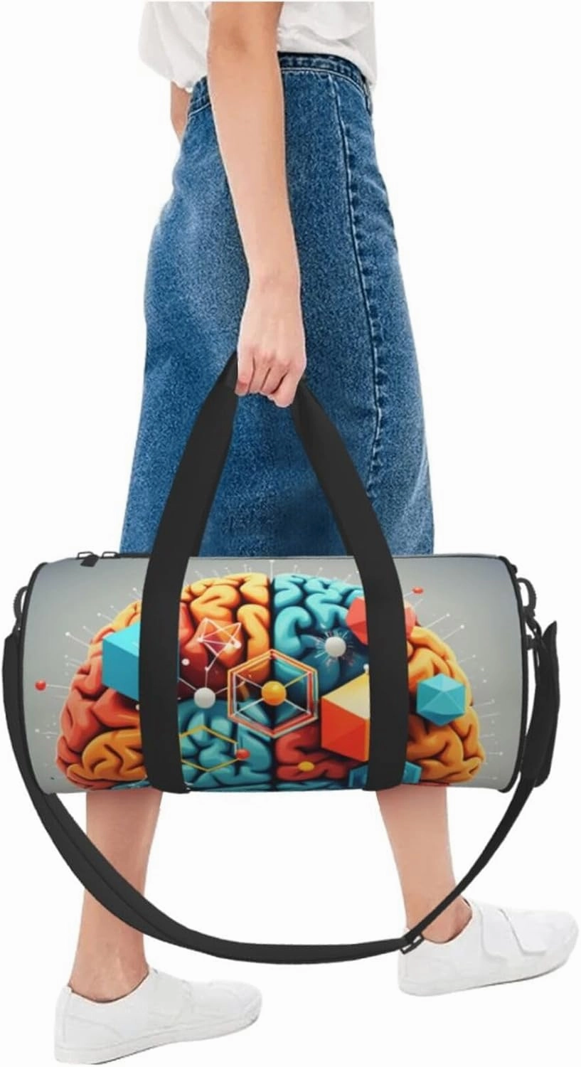 Geometry Brain Image with Science Printed Travel Bag,Round Personal Item Storage bag,Foldie Duffel Bag for Traveling Vacation,Fitness,Sports