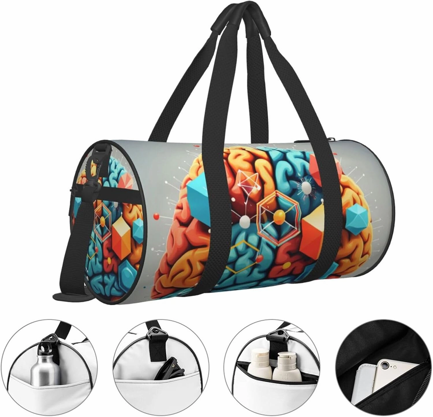 Geometry Brain Image with Science Printed Travel Bag,Round Personal Item Storage bag,Foldie Duffel Bag for Traveling Vacation,Fitness,Sports