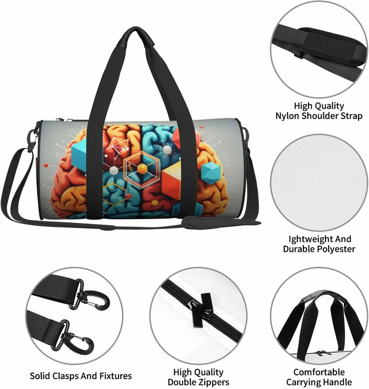 Geometry Brain Image with Science Printed Travel Bag,Round Personal Item Storage bag,Foldie Duffel Bag for Traveling Vacation,Fitness,Sports