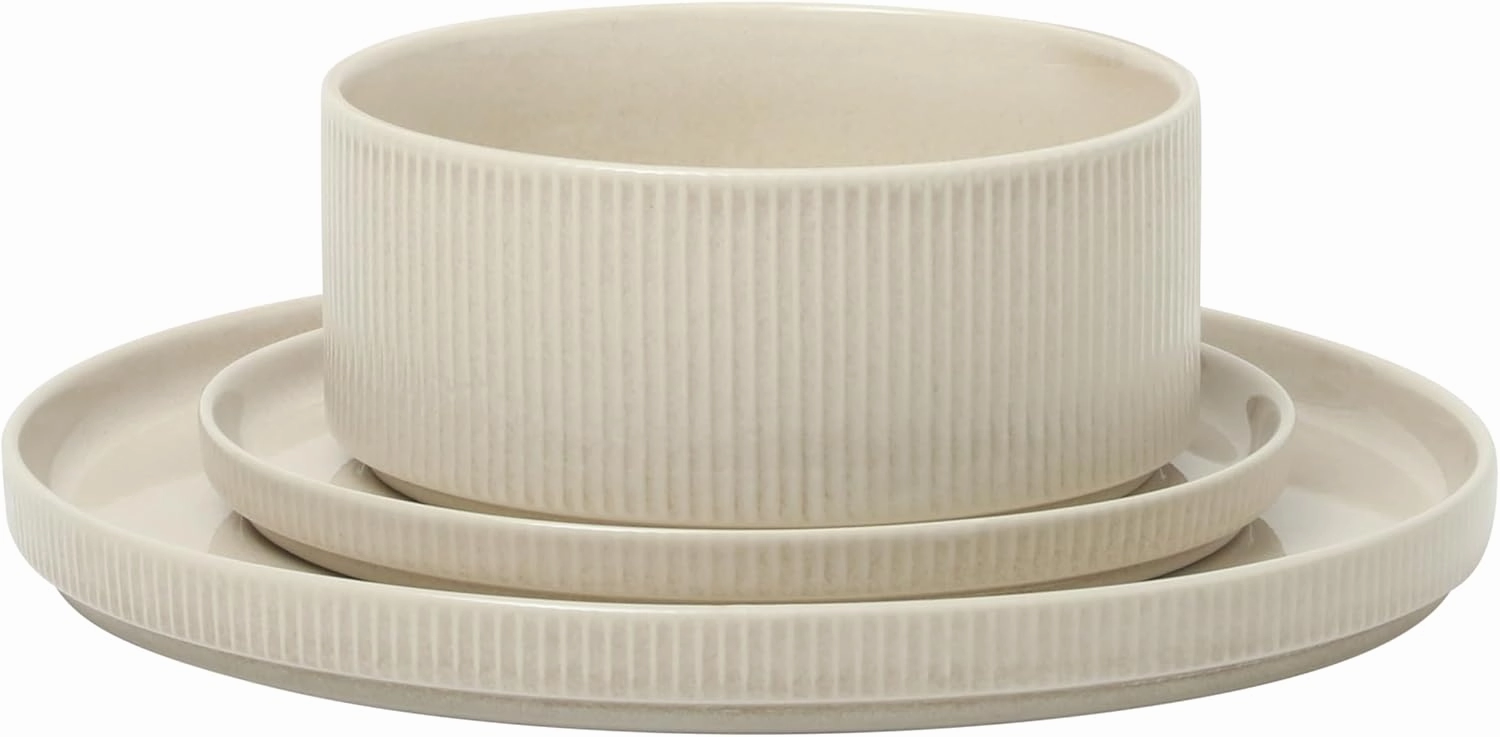 Gibson Elite Solana Coast 12 Piece Stoneware Reactive Glaze (Service for 4) Ceramic Plates and Bowls Modern Shape Embossed Dinnerware Set - Cream White