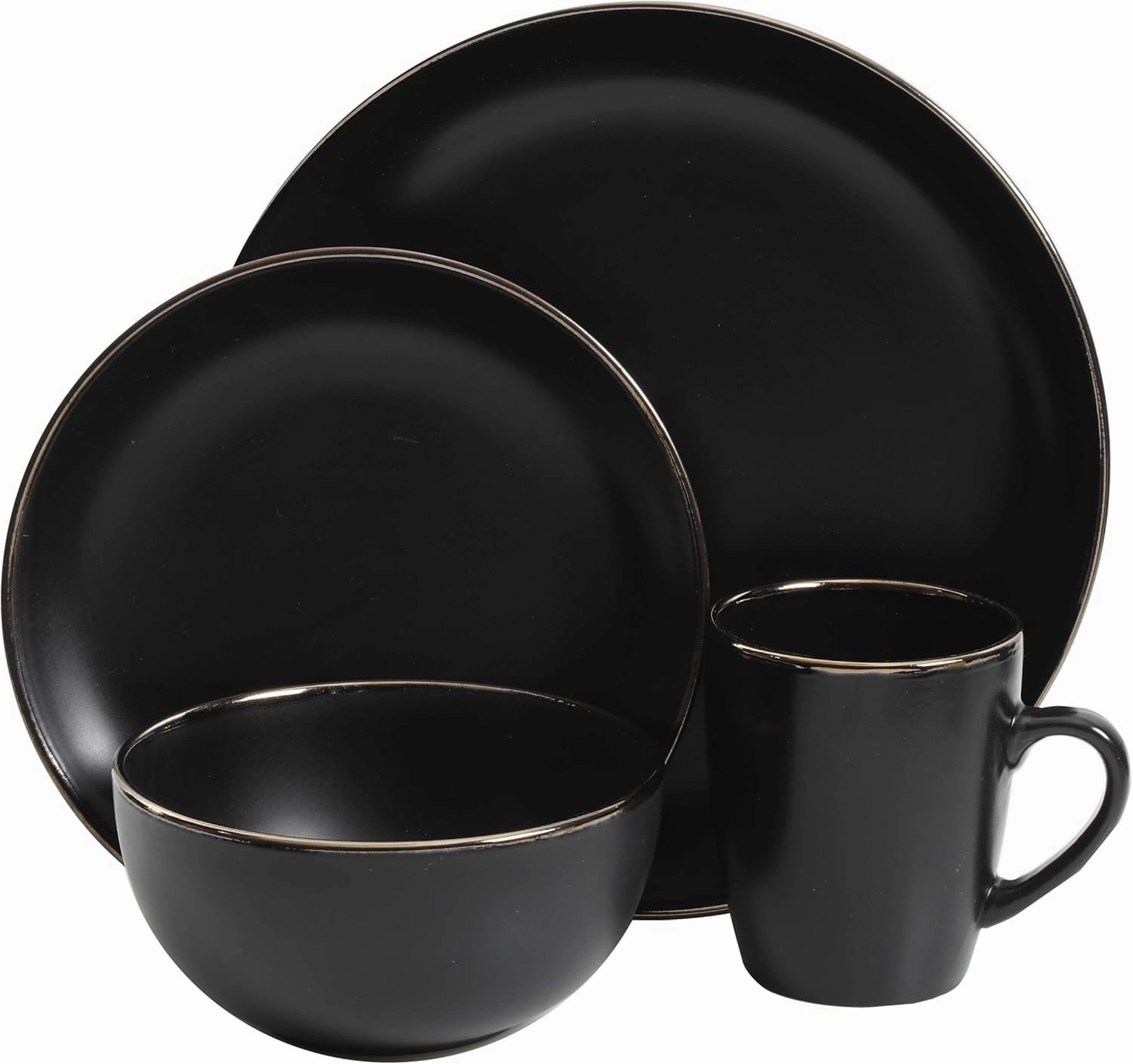 Gibson Home Rockaway Round Stoneware Dinnerware Set, Service for 4 (16pcs), Black/Gold Rim