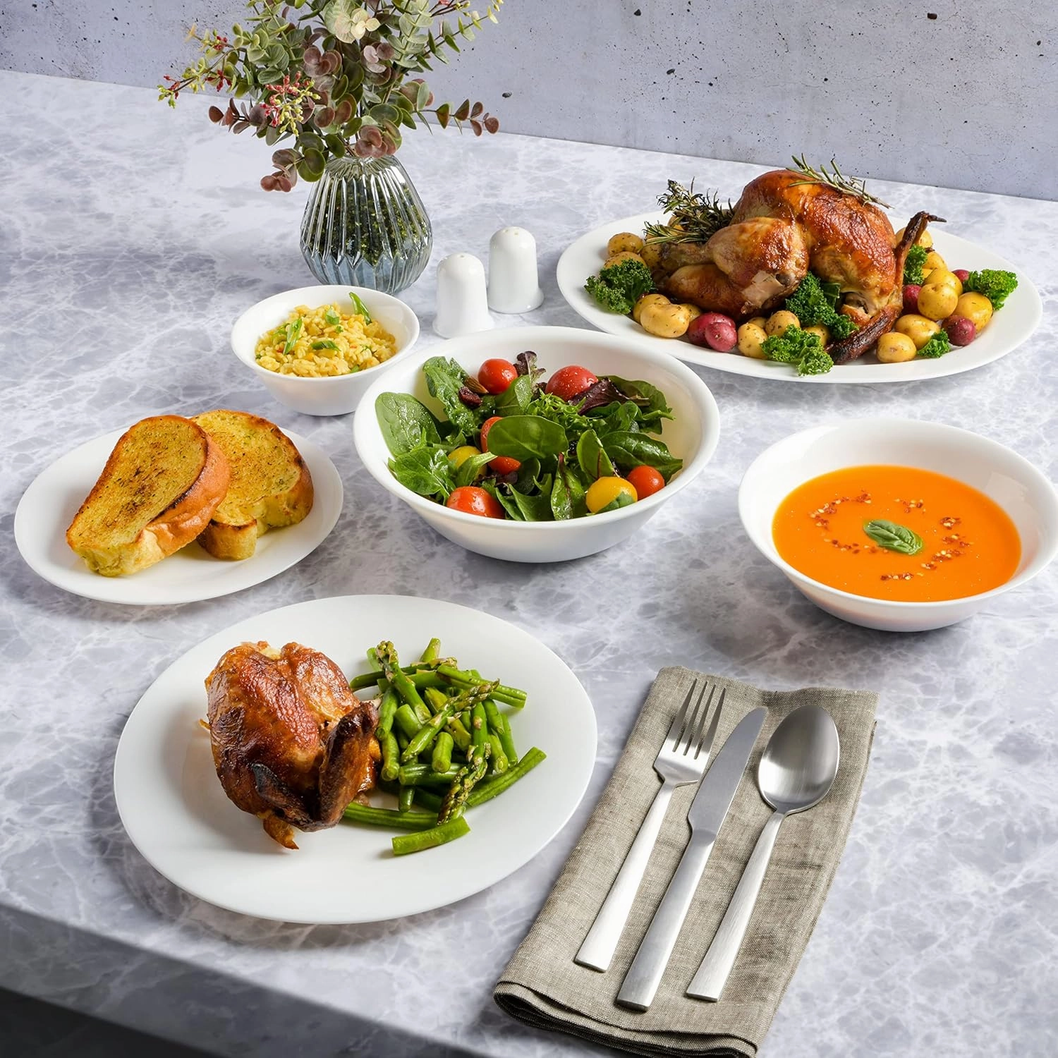 Gibson Home Ultra Break and Chip Resistant Dinnerware Set, Soft Round: Service for 6 (36pcs), Opal Glass