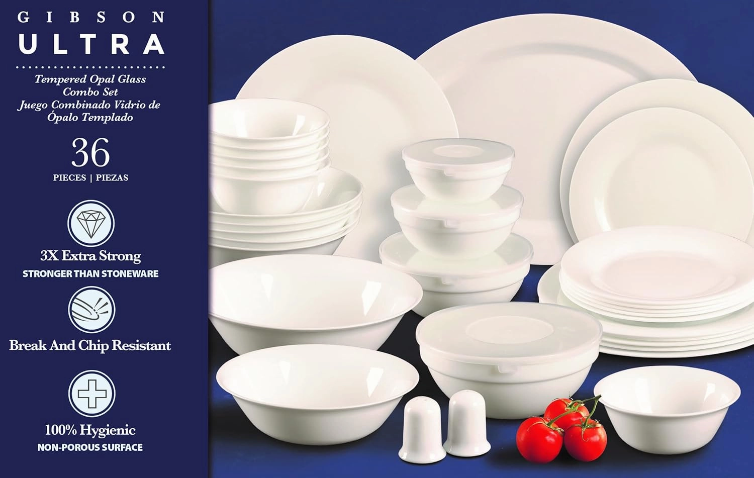 Gibson Home Ultra Break and Chip Resistant Dinnerware Set, Soft Round: Service for 6 (36pcs), Opal Glass