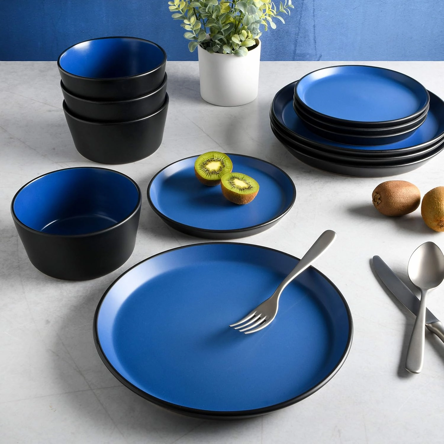 Gibson Soho Lounge Sofia Coupe Stoneware Dinnerware Set, Service for 4 (12pcs), Matte Blue