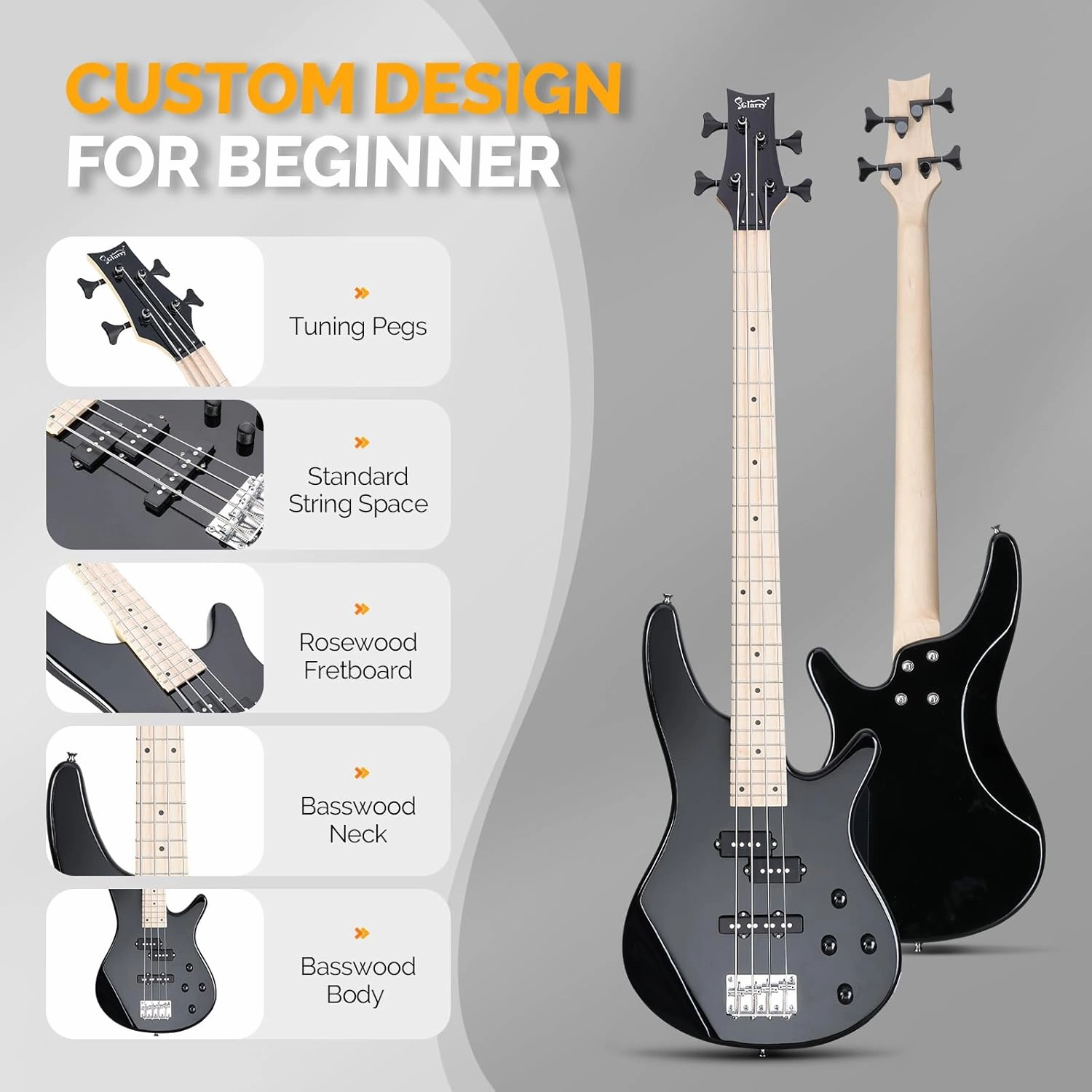 GLARRY Bass Guitar Full Size 4 String Exquisite Stylish Bass with Guitar Bag Power Line and Wrench Tool (Black, IB-Style)