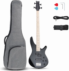 GLARRY Bass Guitar Full Size 4 String Exquisite Stylish Bass with Guitar Bag Power Line and Wrench Tool (Black, IB-Style)