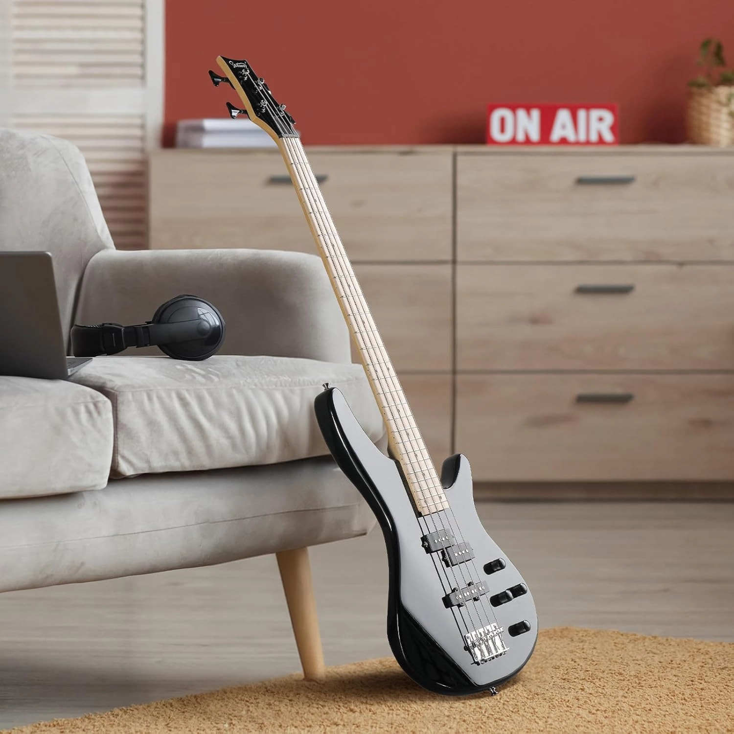 GLARRY Bass Guitar Full Size 4 String Exquisite Stylish Bass with Guitar Bag Power Line and Wrench Tool (Black, IB-Style)