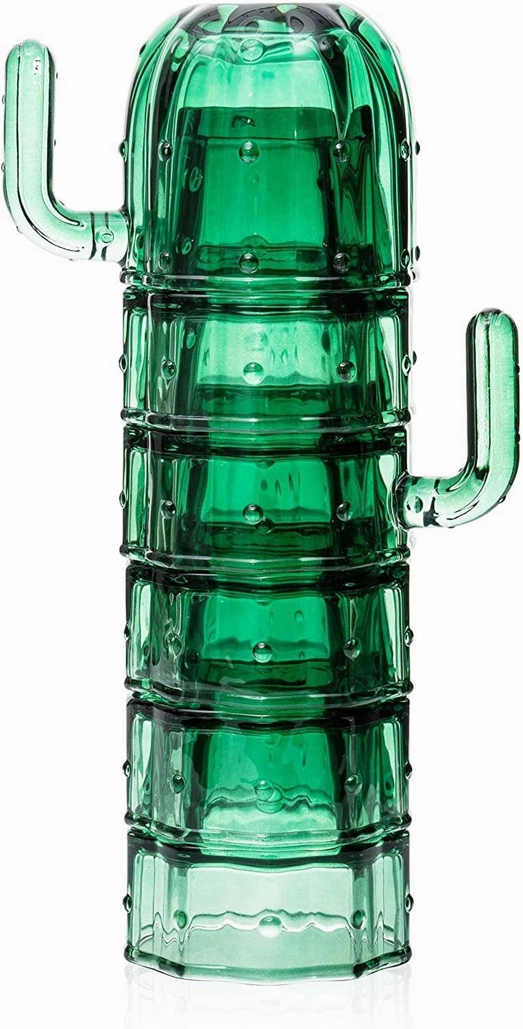 Glass Green Cactus Cups - 6 Set