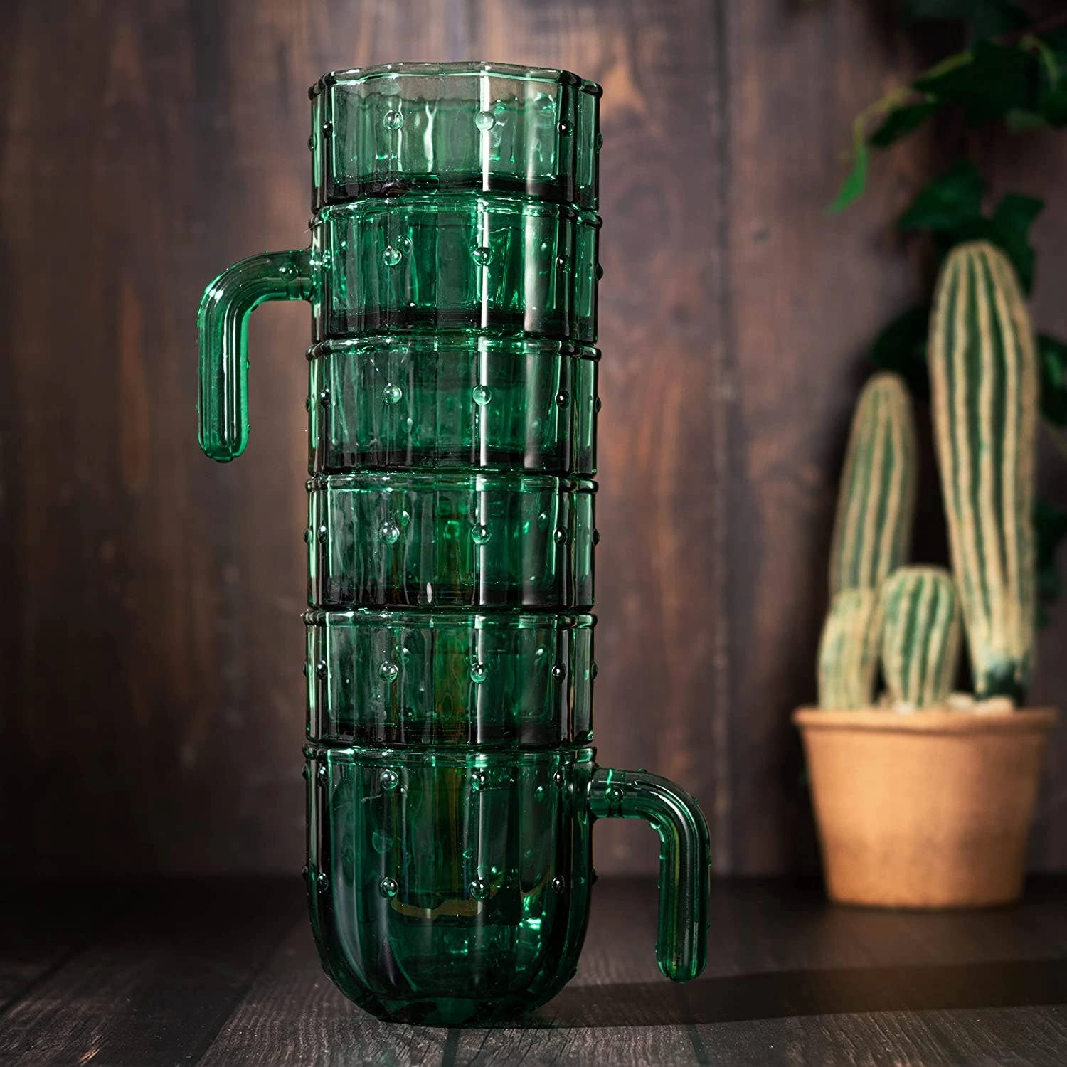 Glass Green Cactus Cups - 6 Set