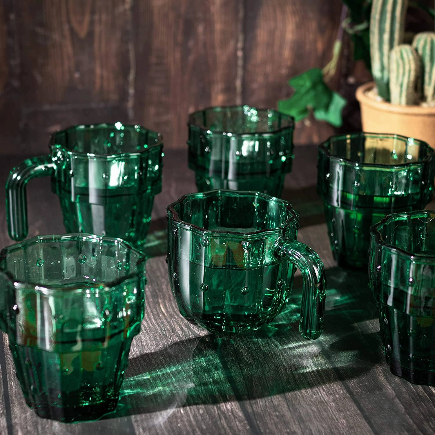 Glass Green Cactus Cups - 6 Set