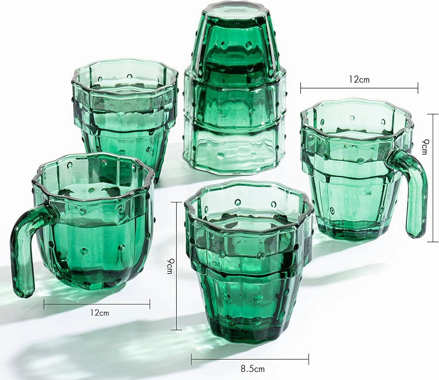 Glass Green Cactus Cups - 6 Set