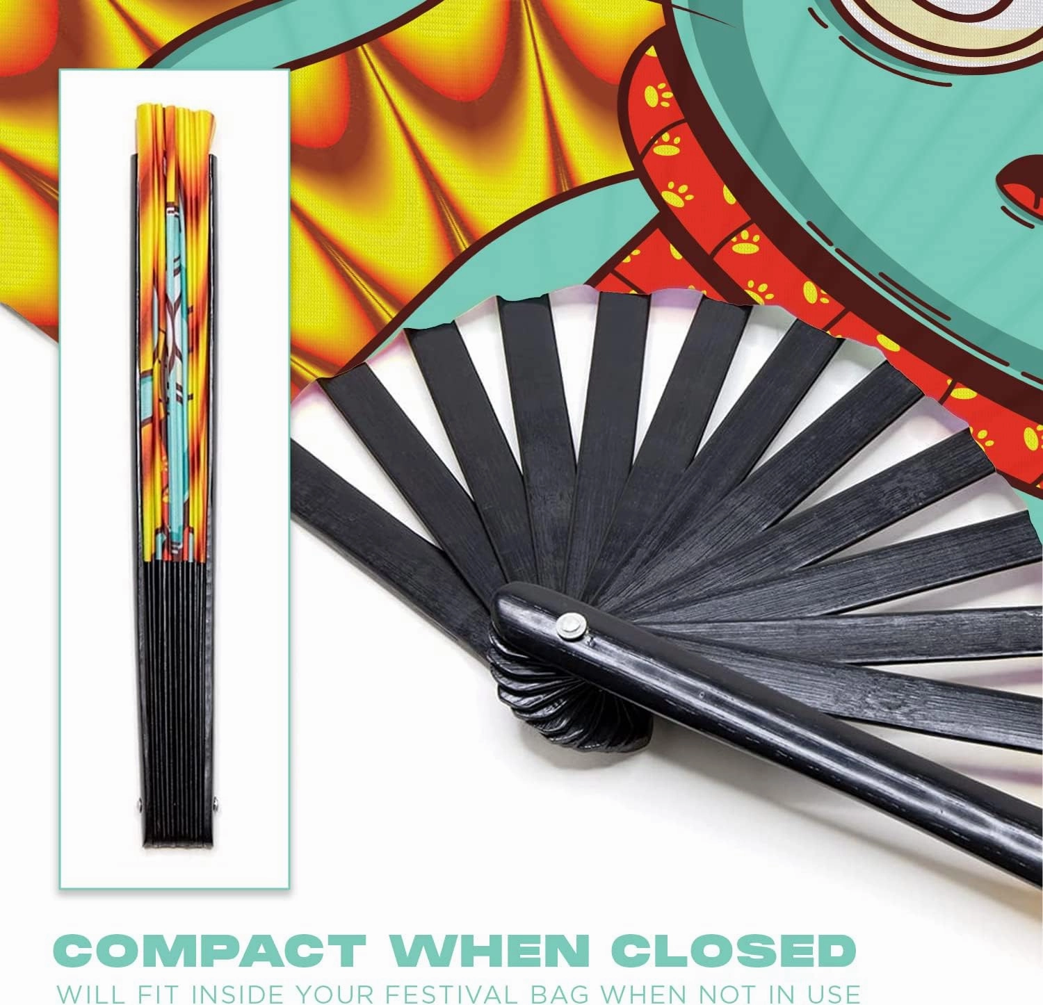 GloFX Folding Fan - Trippy Kitty - Large Rave Clack Folding Hand Fan for Men/Women - for EDM, Music Festival, Club, Event, Party, Dance, Performance, Decoration, Gift