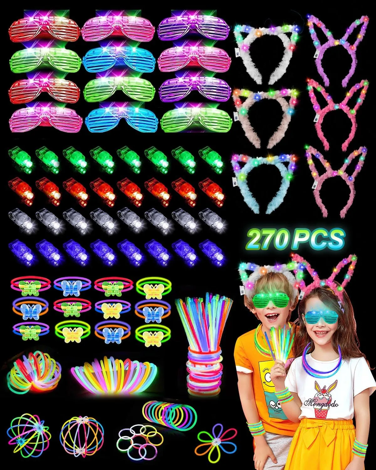 Glow in the Dark Party Supplies for Kids Adults, Glow Party Favors, Light Up Toys 100 Glow Sticks Bulk Party Pack, Bracelets LED Glasses Finger Lights Headband for Wedding Birthday New Year Halloween