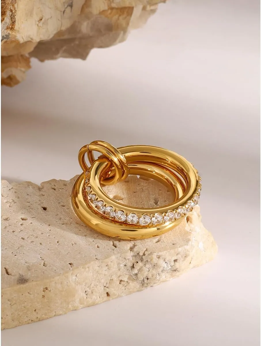 Gold Stackable Rings for Women Non Tarnish - 18K Gold Water Resistant Interlocked Stackable Ring - Stainless Steel Waterproof Gold Rings for Women Tarnish Free