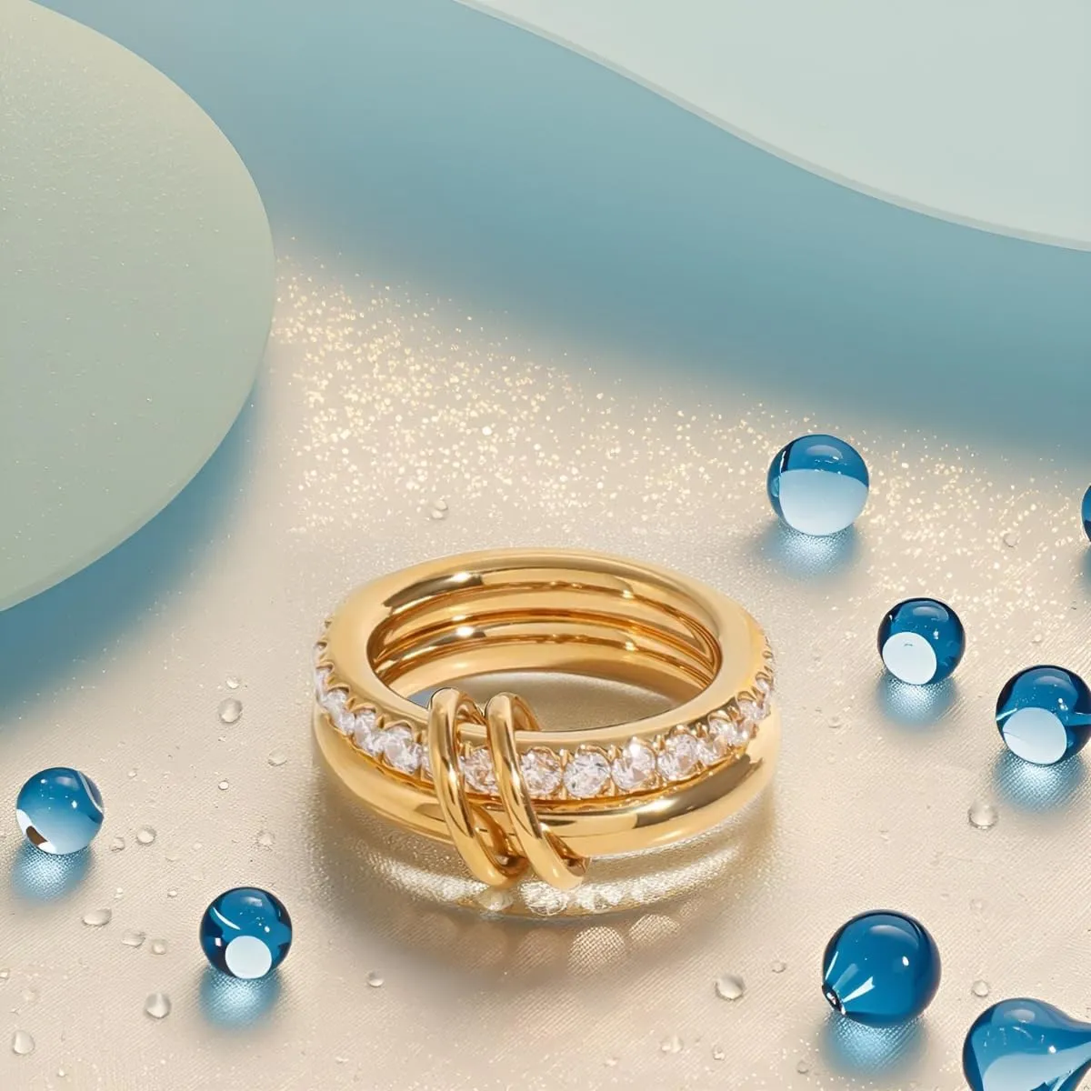 Gold Stackable Rings for Women Non Tarnish - 18K Gold Water Resistant Interlocked Stackable Ring - Stainless Steel Waterproof Gold Rings for Women Tarnish Free