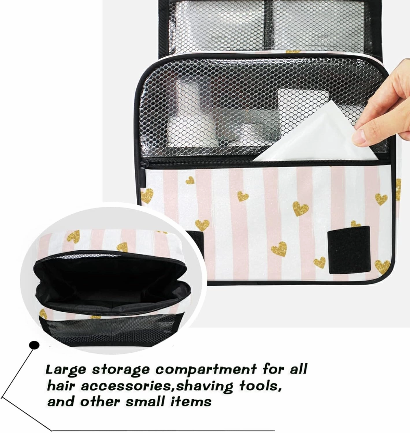 Gold Glittering Heart Pink on White Stripes Background Hanging Wash Gargle Toiletry Bag Travel Cosmetic Makeup Case Organizer Storage Large Portable