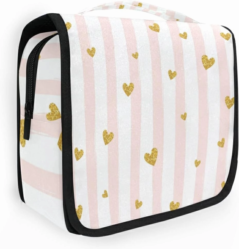 Gold Glittering Heart Pink on White Stripes Background Hanging Wash Gargle Toiletry Bag Travel Cosmetic Makeup Case Organizer Storage Large Portable