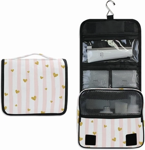 Gold Glittering Heart Pink on White Stripes Background Hanging Wash Gargle Toiletry Bag Travel Cosmetic Makeup Case Organizer Storage Large Portable