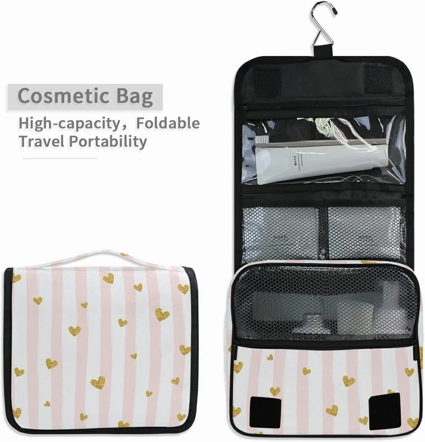 Gold Glittering Heart Pink on White Stripes Background Hanging Wash Gargle Toiletry Bag Travel Cosmetic Makeup Case Organizer Storage Large Portable