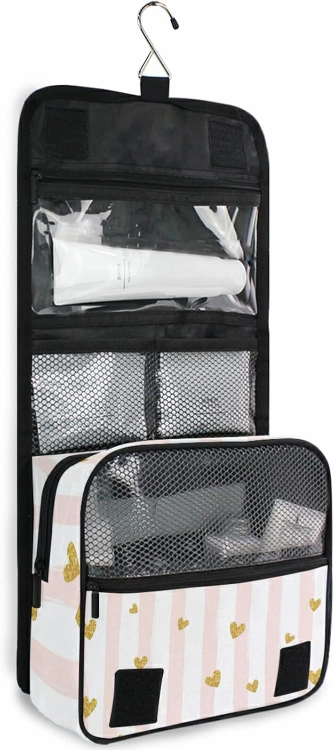 Gold Glittering Heart Pink on White Stripes Background Hanging Wash Gargle Toiletry Bag Travel Cosmetic Makeup Case Organizer Storage Large Portable