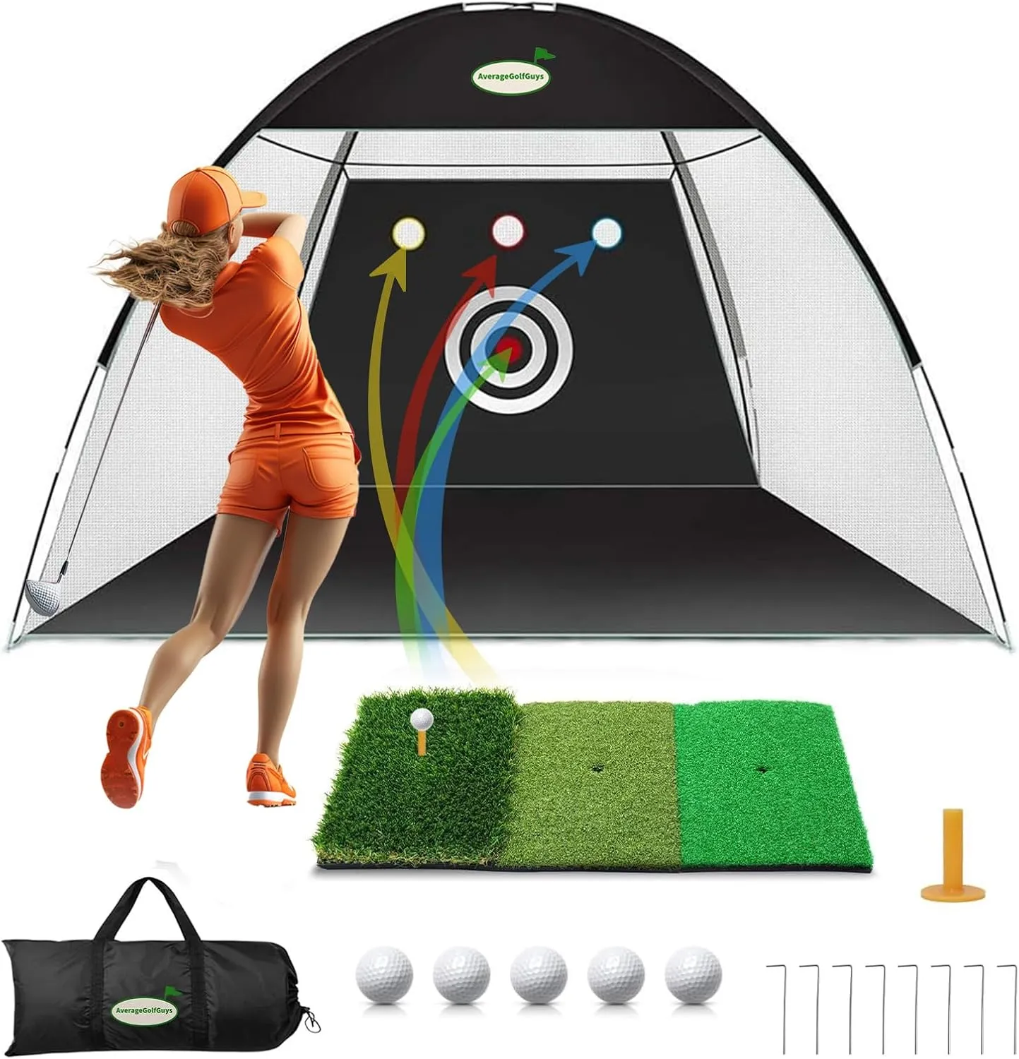 Golf Practice Net,10x7ft All-in-One Indoor/Outdoor for Backyard Driving, Swing Training, Chipping, Includes Tri-Turf Golf Mat/Targets/5 Balls/Portable Bag, Gifts for Men/Husband/Dad, Black