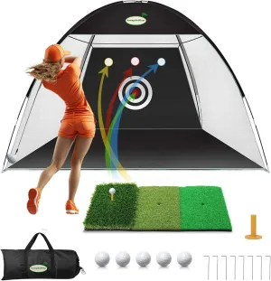 Golf Practice Net,10x7ft All-in-One Indoor/Outdoor for Backyard Driving, Swing Training, Chipping, Includes Tri-Turf Golf Mat/Targets/5 Balls/Portable Bag, Gifts for Men/Husband/Dad, Black