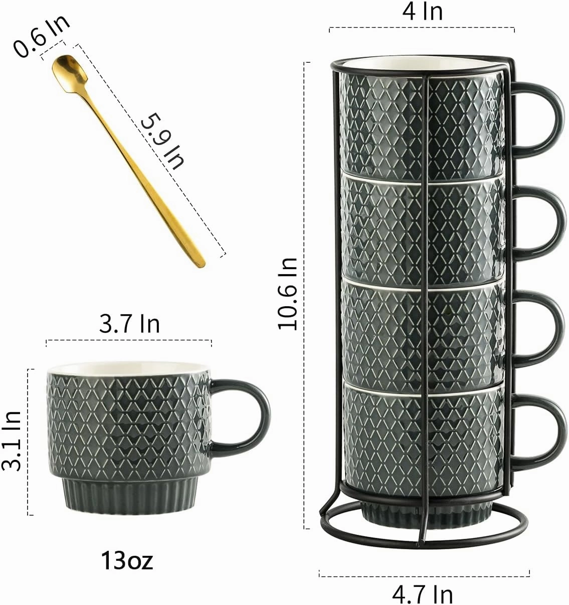 Gomakren Coffee Mugs Set of 4, 13 Ounce Stackable Coffee Mug Set with Stand, Stoneware Coffee Cup with Spoon for Coffee, Milk, Tea, Cocoa, Grey