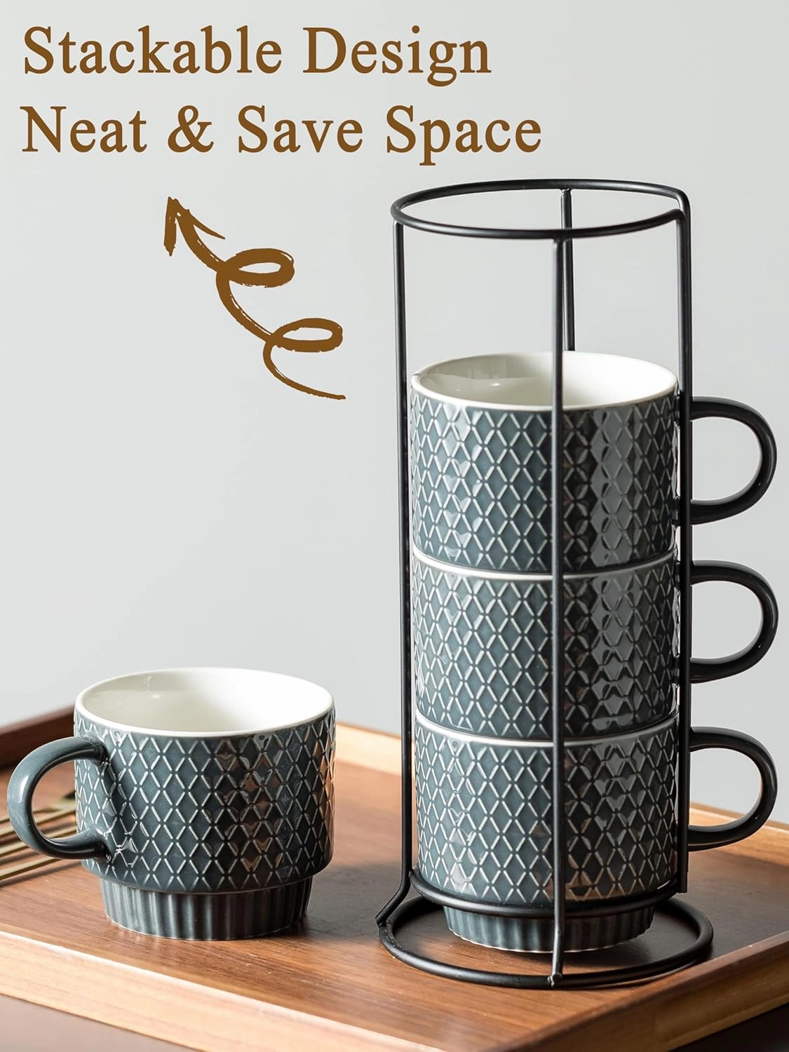 Gomakren Coffee Mugs Set of 4, 13 Ounce Stackable Coffee Mug Set with Stand, Stoneware Coffee Cup with Spoon for Coffee, Milk, Tea, Cocoa, Grey