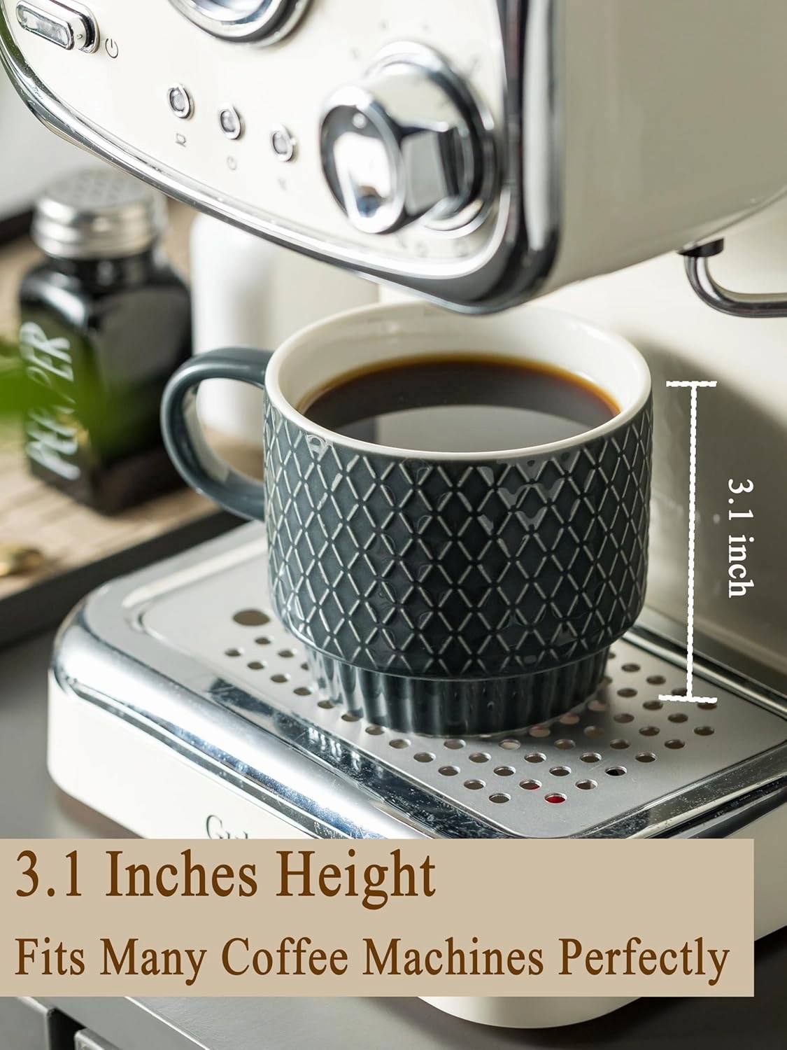 Gomakren Coffee Mugs Set of 4, 13 Ounce Stackable Coffee Mug Set with Stand, Stoneware Coffee Cup with Spoon for Coffee, Milk, Tea, Cocoa, Grey
