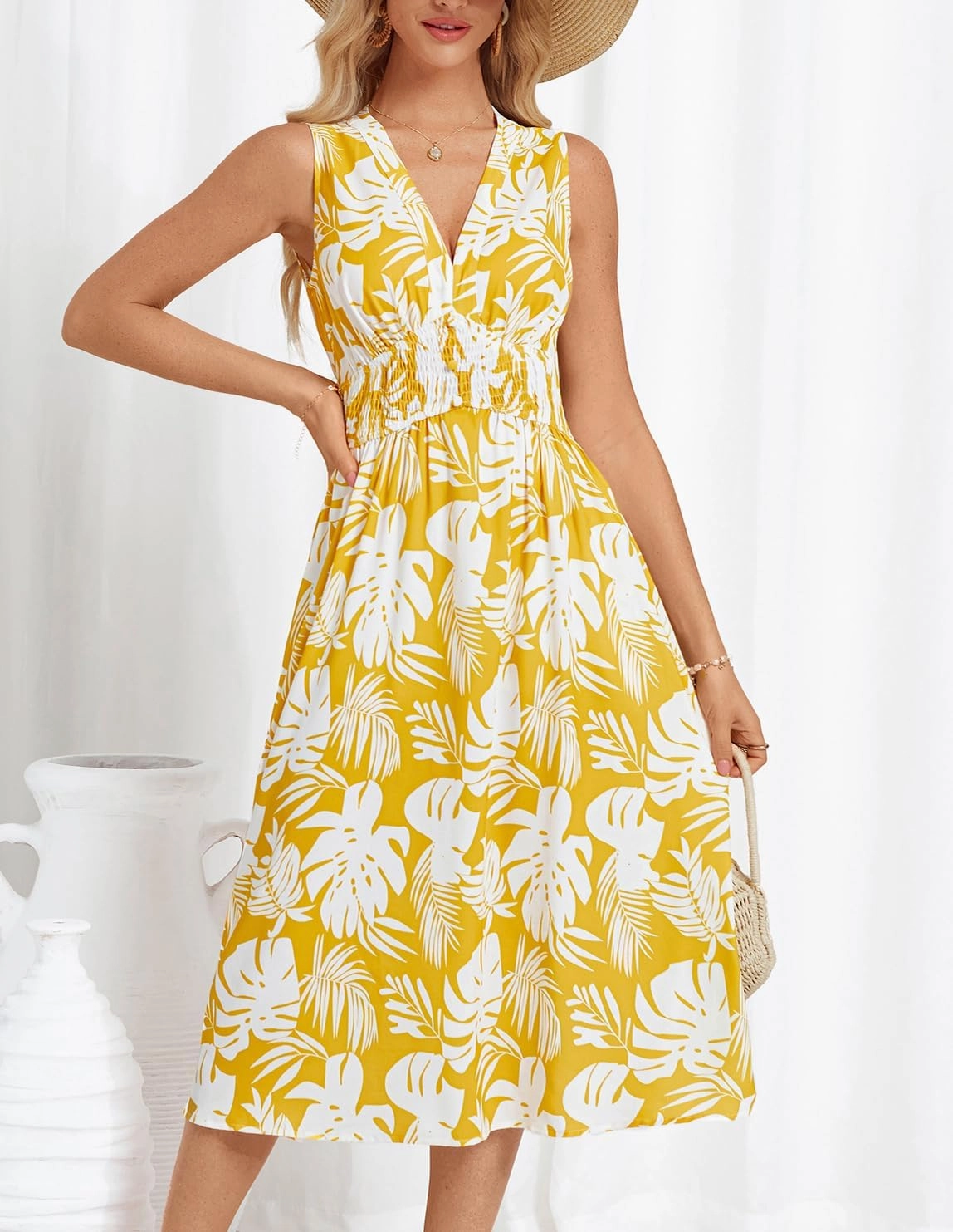 GRACE KARIN Women's 2025 Casual Summer Tank Dress V Neck Sleeveless Midi Floral Beach Dress with Pockets