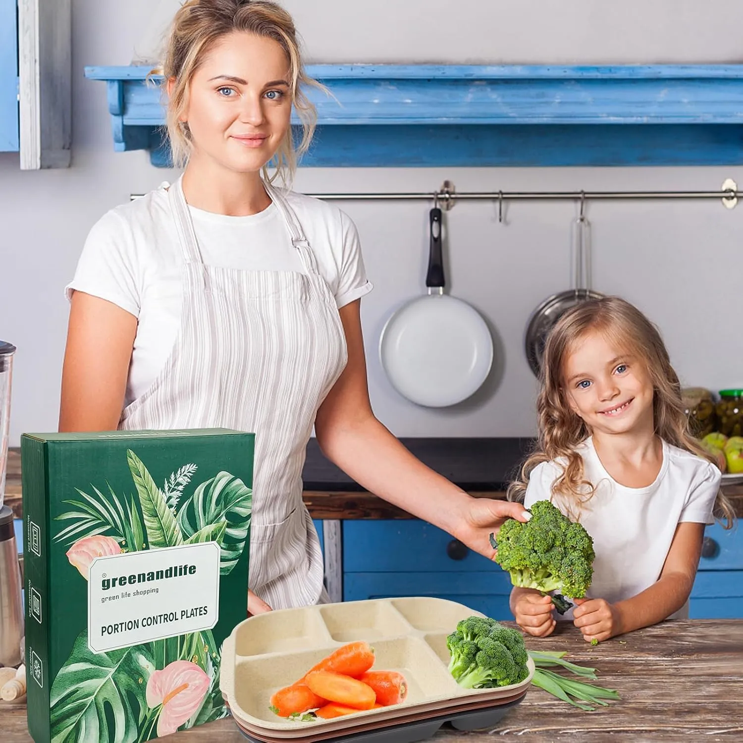 greenandlife 10.8 Inch 4PCS Divided Plates for Kids Adults, Portion Control Plates, Dishwasher & Microwave Safe Compartment Plate, Unbreakable Lightweight Reusable Wheat Straw Plate, Earth Tone