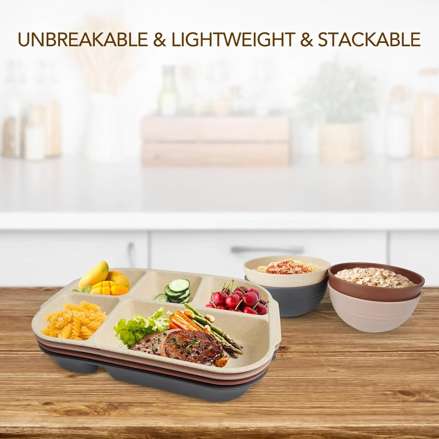 greenandlife 10.8 Inch 4PCS Divided Plates for Kids Adults, Portion Control Plates, Dishwasher & Microwave Safe Compartment Plate, Unbreakable Lightweight Reusable Wheat Straw Plate, Earth Tone