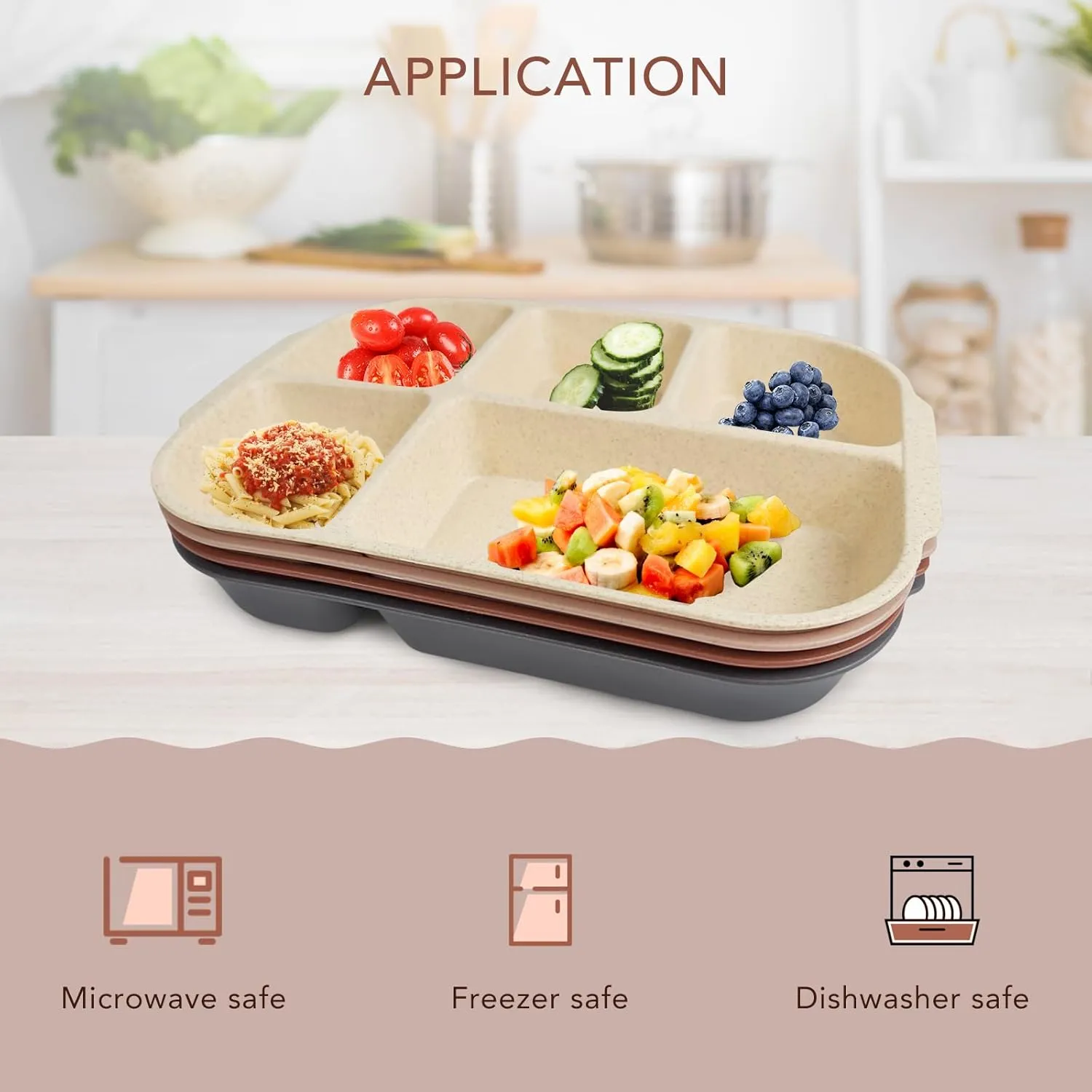 greenandlife 10.8 Inch 4PCS Divided Plates for Kids Adults, Portion Control Plates, Dishwasher & Microwave Safe Compartment Plate, Unbreakable Lightweight Reusable Wheat Straw Plate, Earth Tone