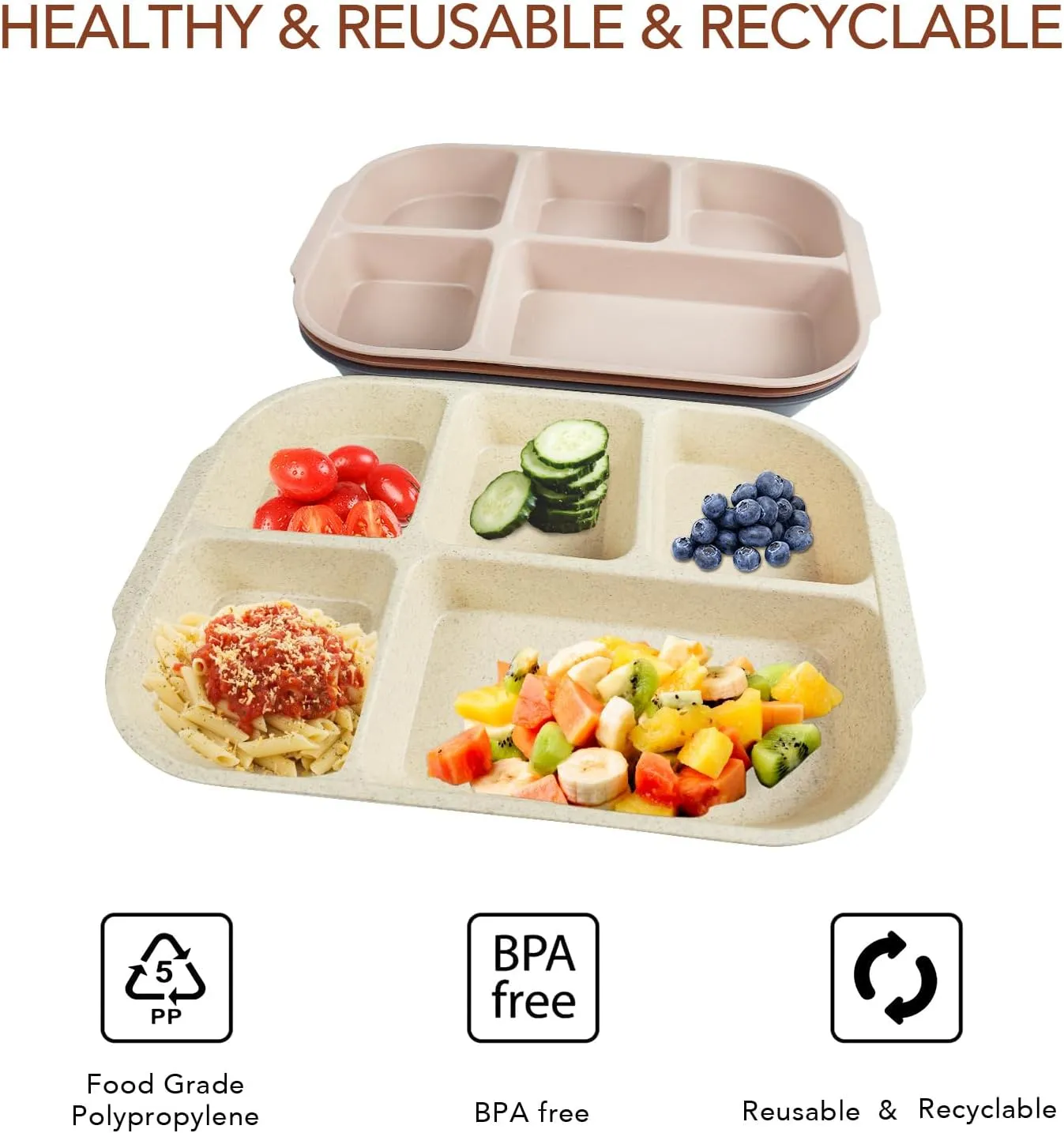 greenandlife 10.8 Inch 4PCS Divided Plates for Kids Adults, Portion Control Plates, Dishwasher & Microwave Safe Compartment Plate, Unbreakable Lightweight Reusable Wheat Straw Plate, Earth Tone
