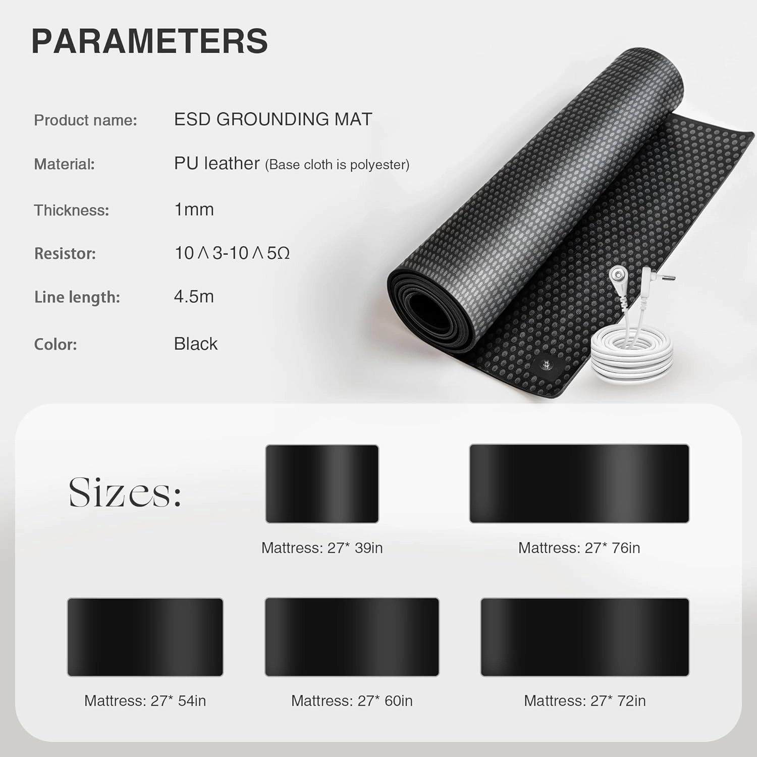 Grounding Mat for Bed, Grounded Pad for Sleep, Anti-Slip PU Leather Grounded Mat with Grounding Cord, 27''×76‘’