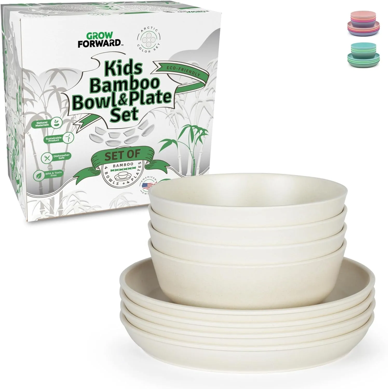 Grow Forward Bamboo Kids Plates and Bowls Sets - 8-Piece Dishwasher Safe Non Toxic Plates for Kids - Reusable Eco Friendly BPA Free Dishes Dinnerware Sets for Children - Arctic