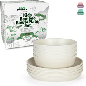 Grow Forward Bamboo Kids Plates and Bowls Sets - 8-Piece Dishwasher Safe Non Toxic Plates for Kids - Reusable Eco Friendly BPA Free Dishes Dinnerware Sets for Children - Arctic