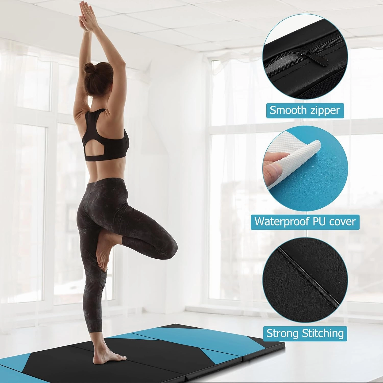 GYMAX Gymnastics Mat, 4 FT x 10 FT x 2 Inches Folding Exercise Mat w/Carrying Handles, Hook & Loop Fasteners, Tumbling Mat Waterproof for Yoga, Stretching, Home Gym